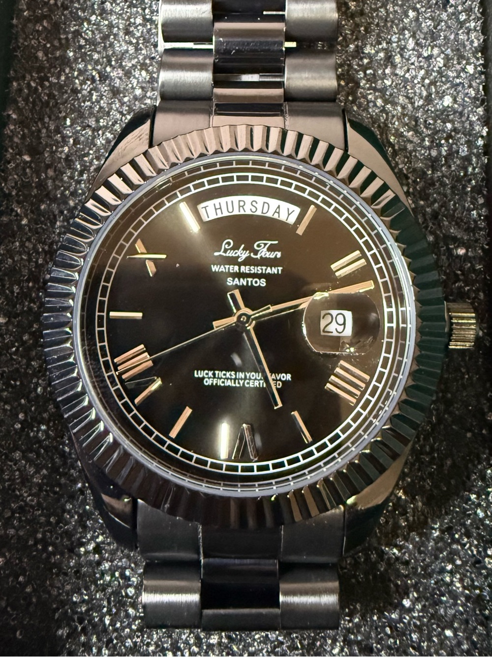 Lucky Fours Santos Obsidian Black Day Date 40mm Watch Brand New Box